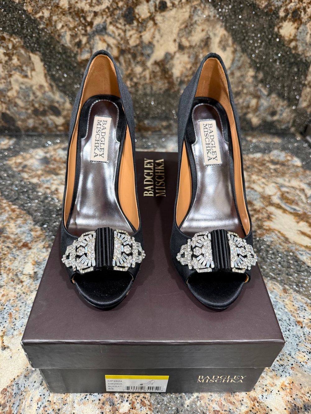 Badgley Mischka Black Satin Crystal-Embellished Peep-Toe Heels